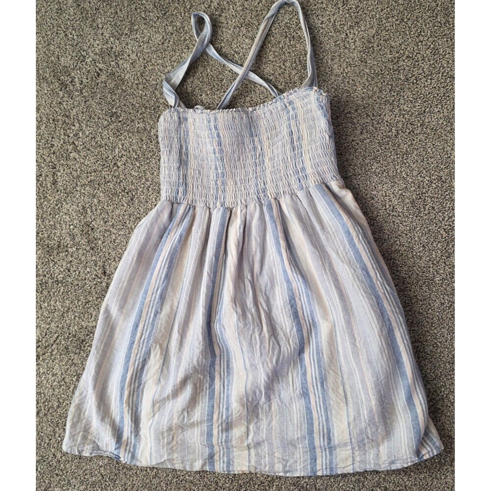 American Eagle Linen Blend Striped Dress Size Medium Blue Stripe Smocked Beach